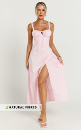 Maiya Midi Dress - Tie Front Fitted Bodice Dress in Soft Pink